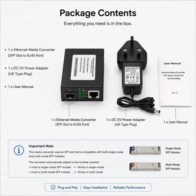 kaufen Gigabit-SFP-Medienwandler für 10/100/1000Base-T bis 1000Base-SX mit 550m Übertragungsweite über Multimode-Faser (MMF) OM2/OM3 online manufacture